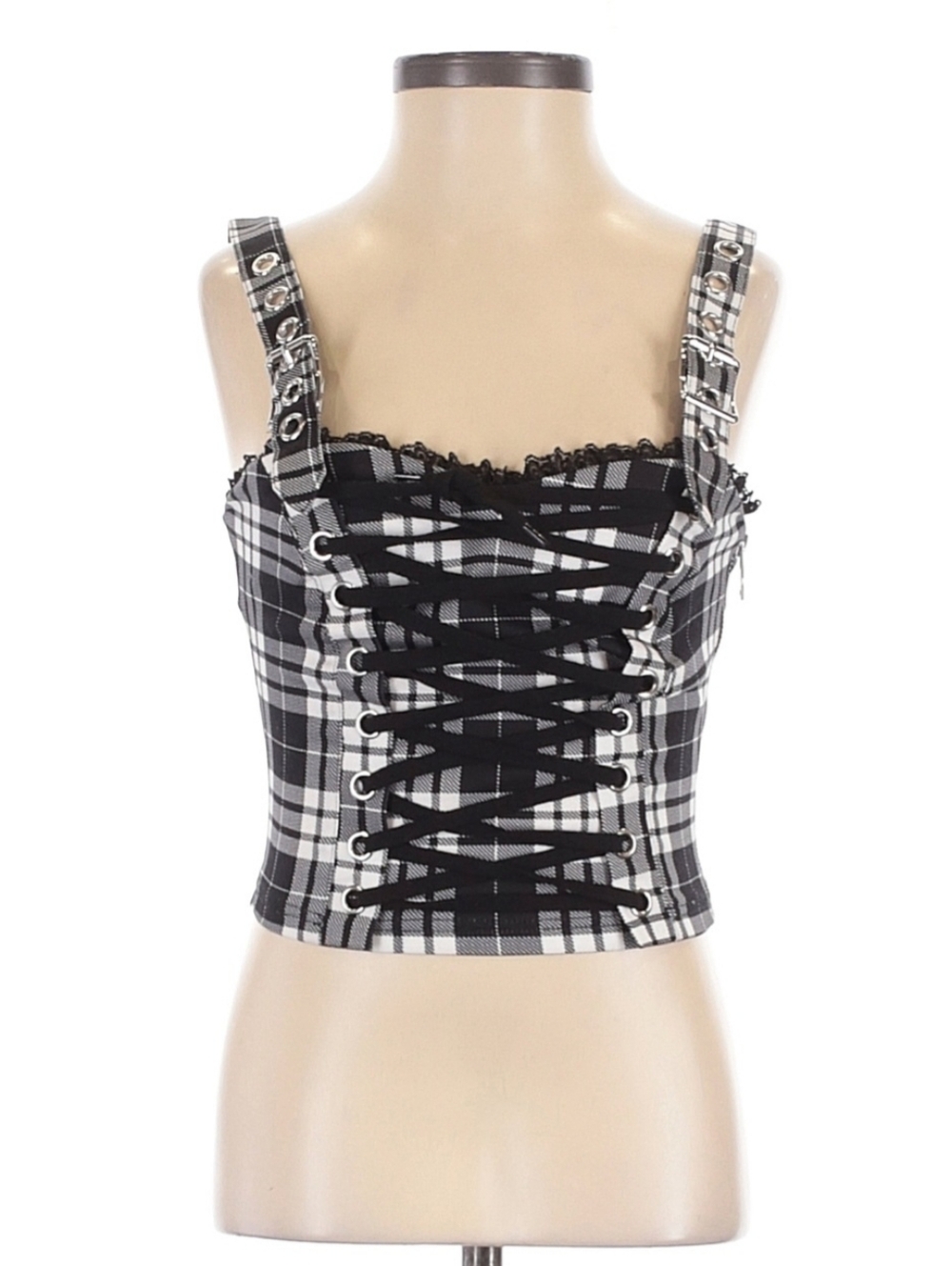Widow Dolls KILL Black & White Plaid Lace-Up Cropped Corset Top, XS